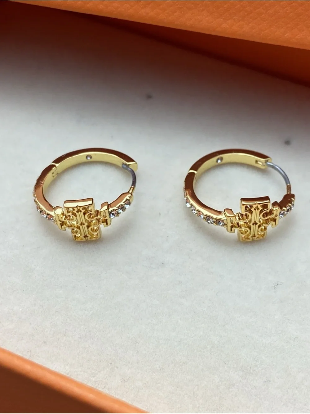 Tory Burch Gold Logo Crystal Huggie Earrings